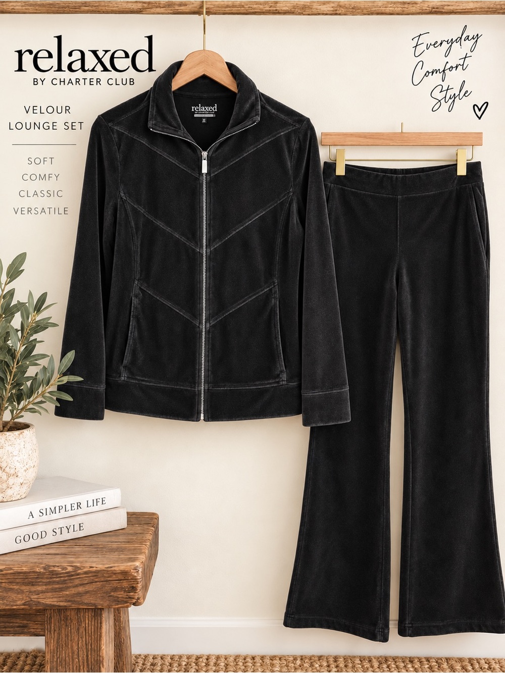 Relaxed by Charter Club Black Velour 2 Piece Lounge Set Jacket Pants M